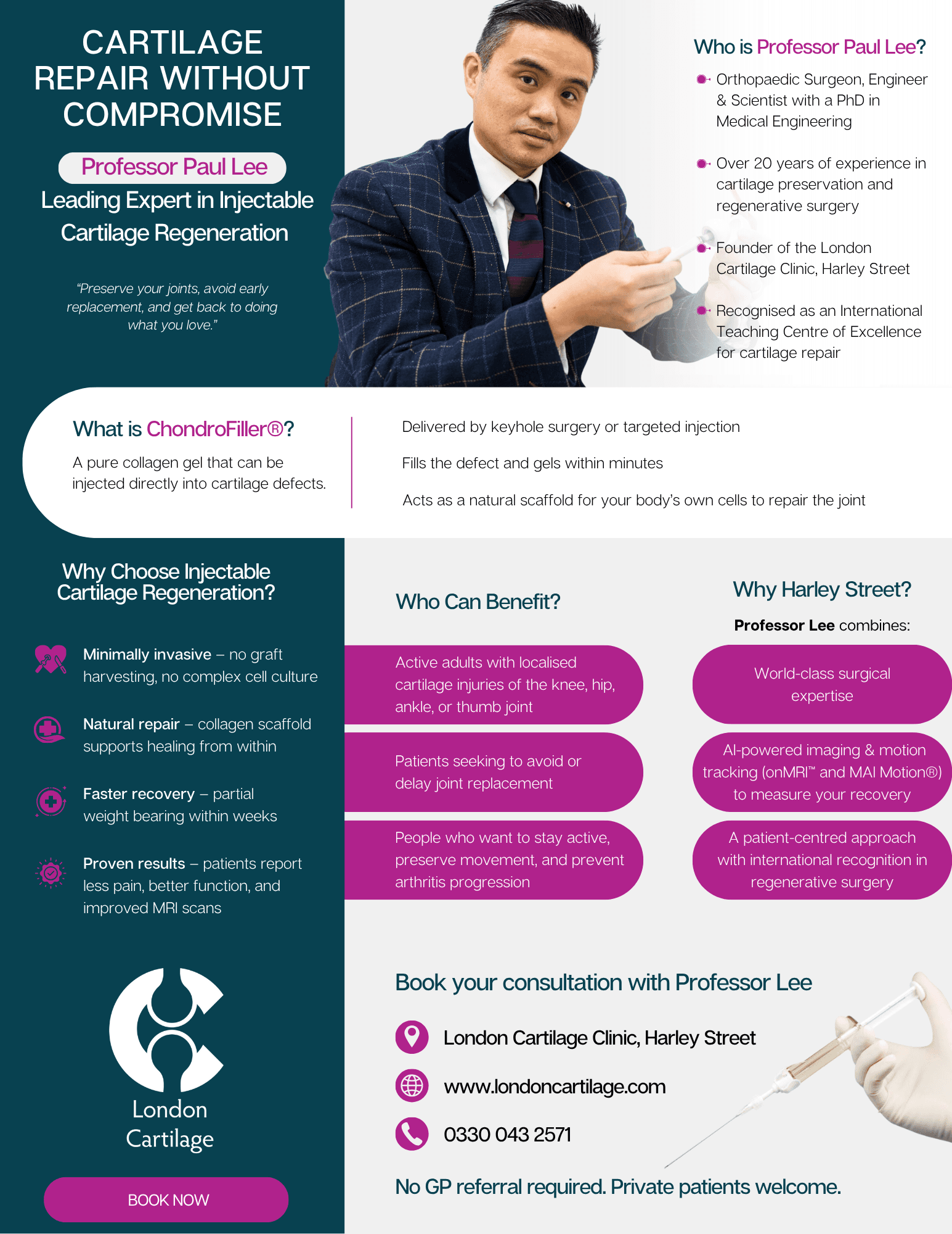 Leaflet page two: ChondroFiller® collagen gel injection for cartilage defects, joints treated (knee, hip, ankle, thumb), and Professor Paul Lee's credentials.